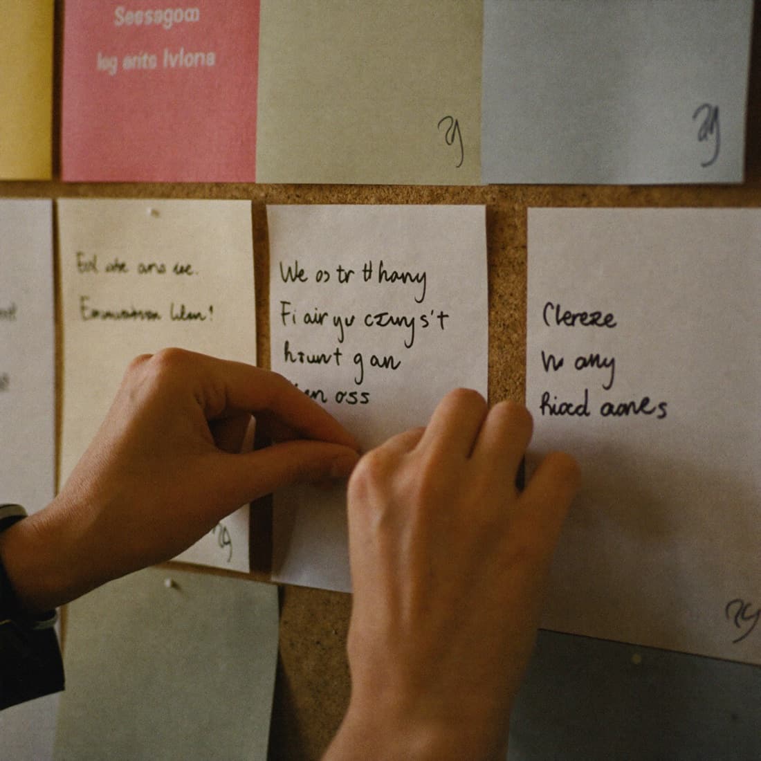 Hands pinning a handwritten note to a corkboard of index cards