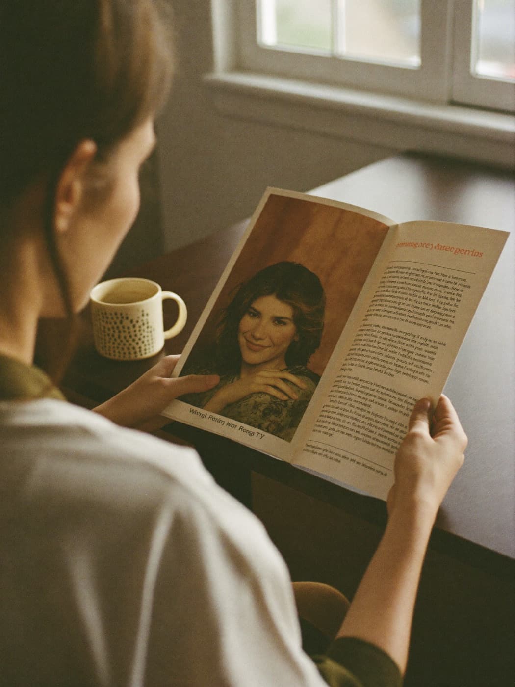 Person reviewing a printed one-page flyer at a kitchen table with a mug of coffee